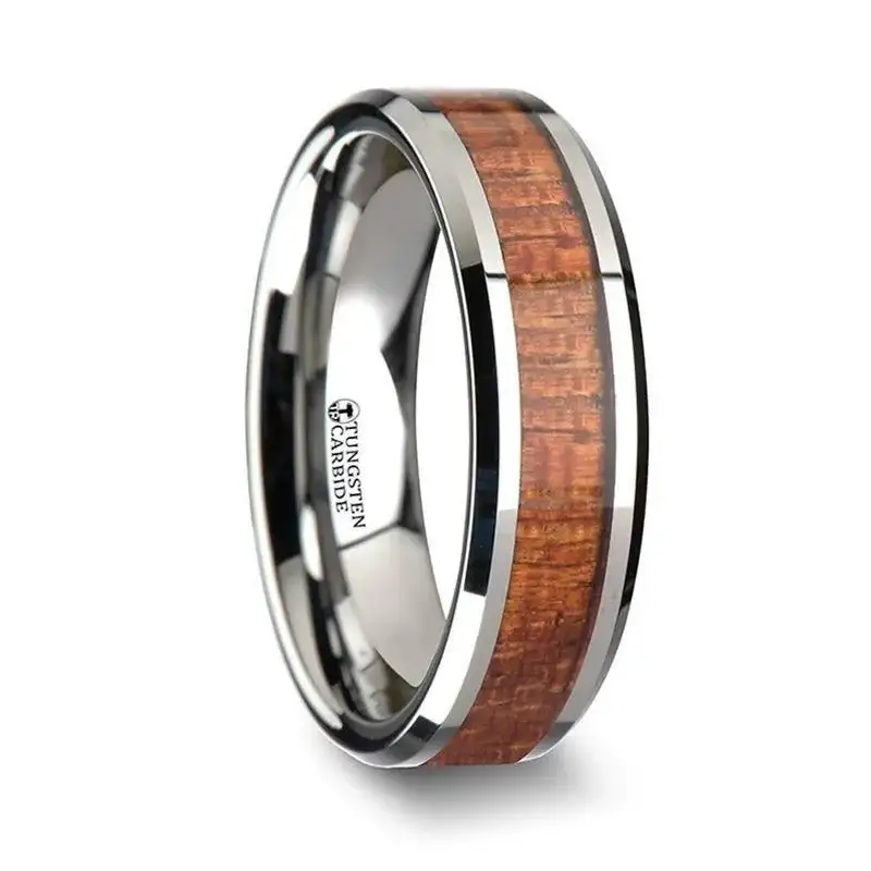 KHAYA Tungsten Band with Polished Bevels and Real Hardwood Mahogany Inlay - 4mm - 10mm - Image 3