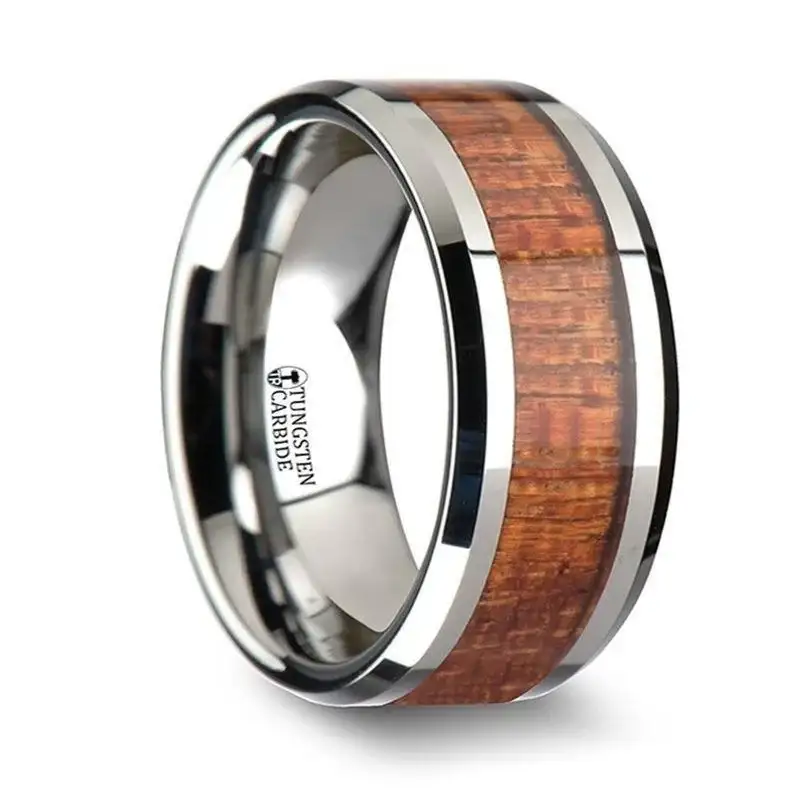 KHAYA Tungsten Band with Polished Bevels and Real Hardwood Mahogany Inlay - 4mm - 10mm - Image 4