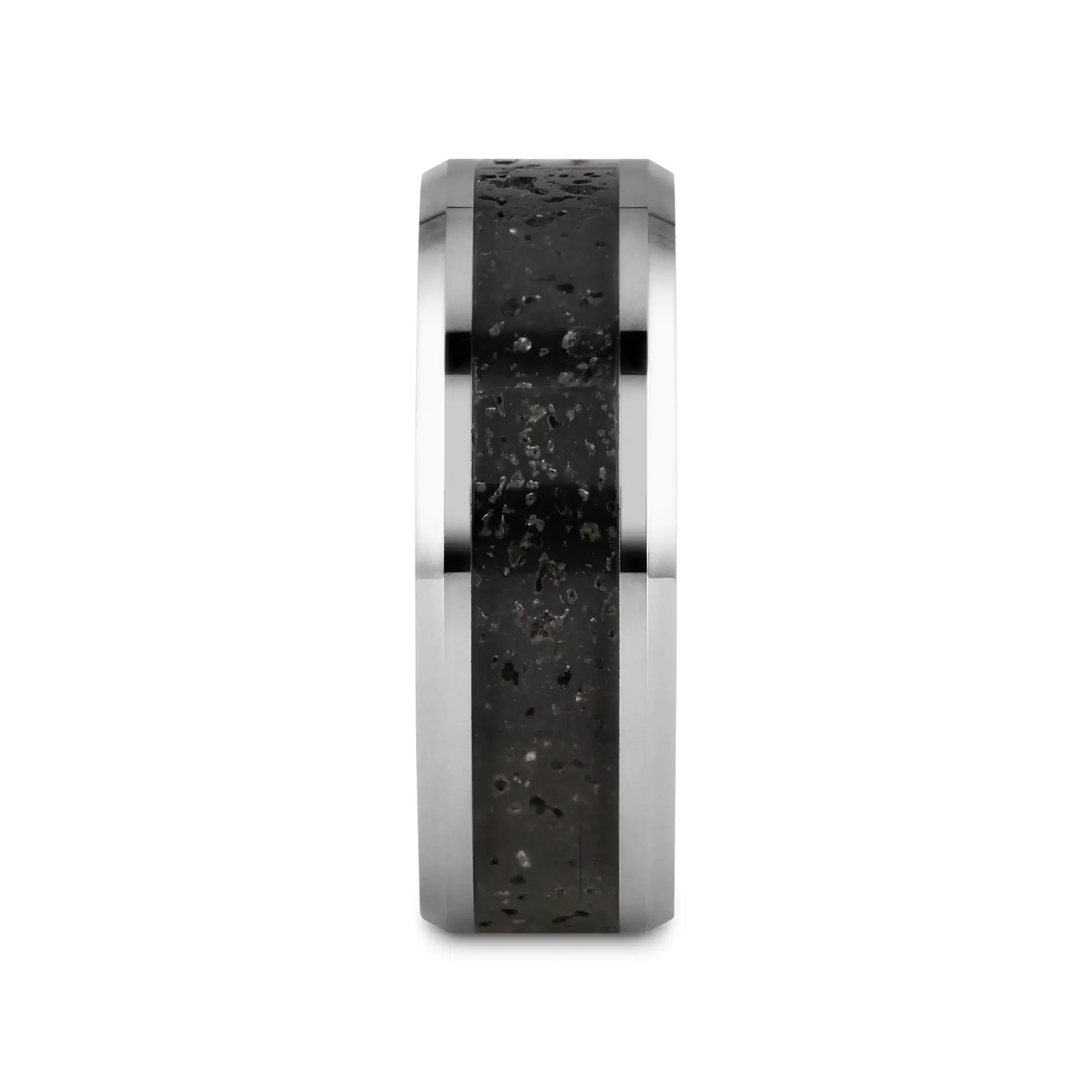 KILAUEA Men’s Polished Tungsten Wedding Band with Black & Gray Lava Rock Stone Inlay & Polished Beveled Edges - 8mm - Image 2