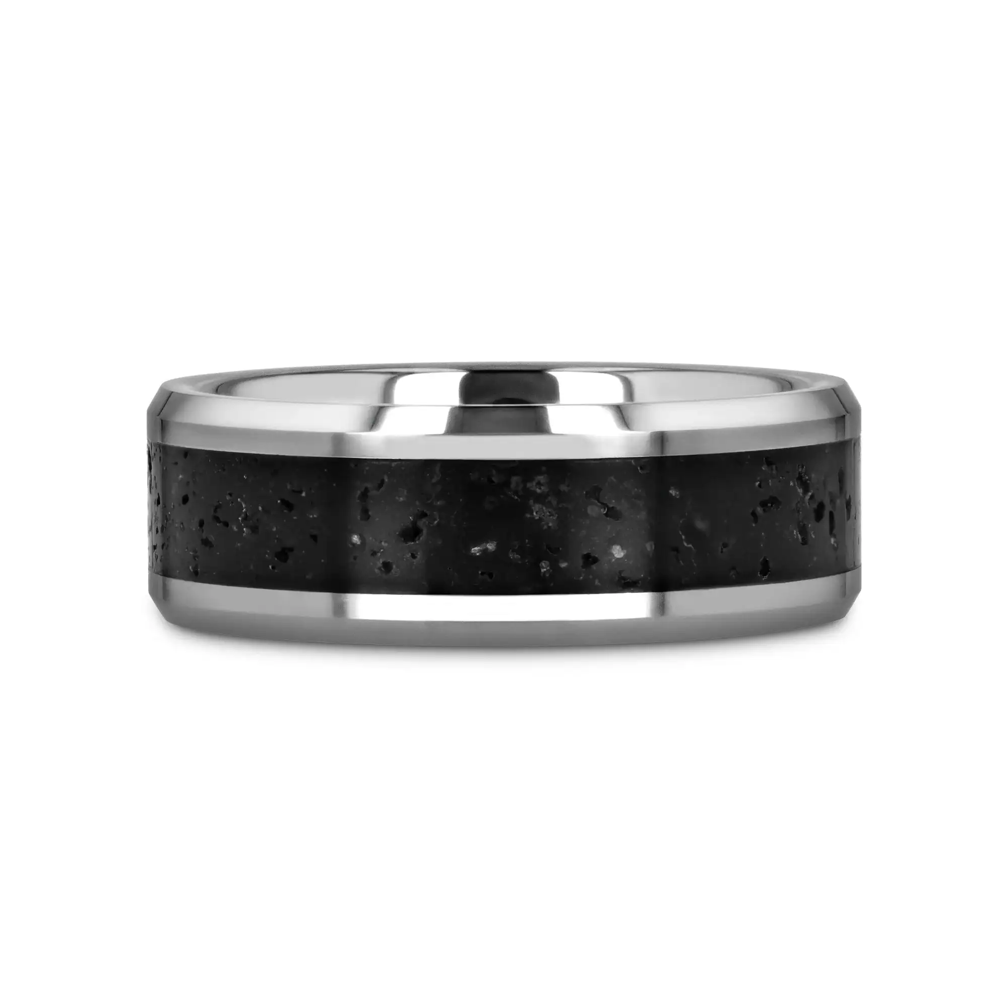 KILAUEA Men’s Polished Tungsten Wedding Band with Black & Gray Lava Rock Stone Inlay & Polished Beveled Edges - 8mm - Image 3