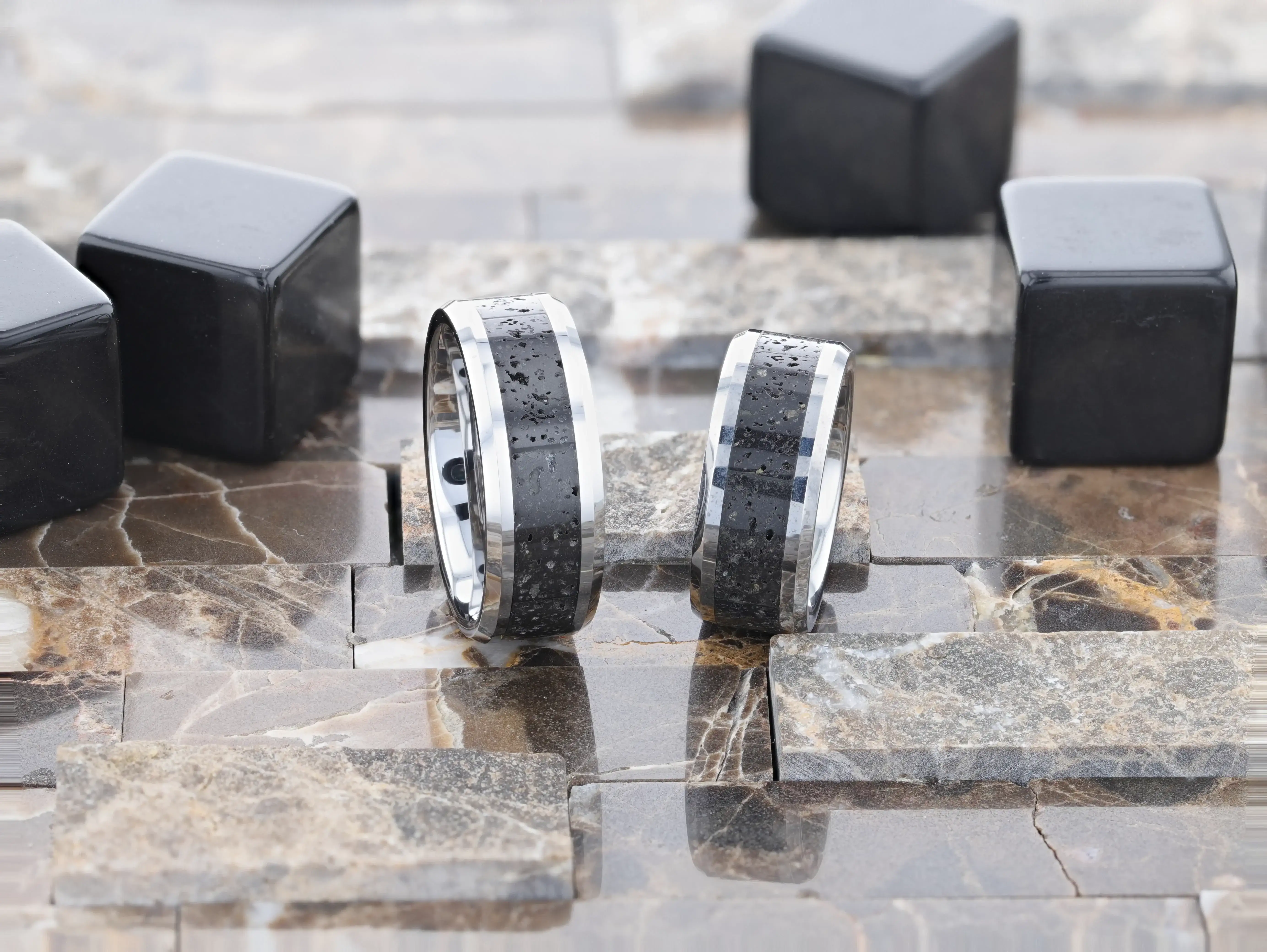 KILAUEA Men’s Polished Tungsten Wedding Band with Black & Gray Lava Rock Stone Inlay & Polished Beveled Edges - 8mm - Image 4