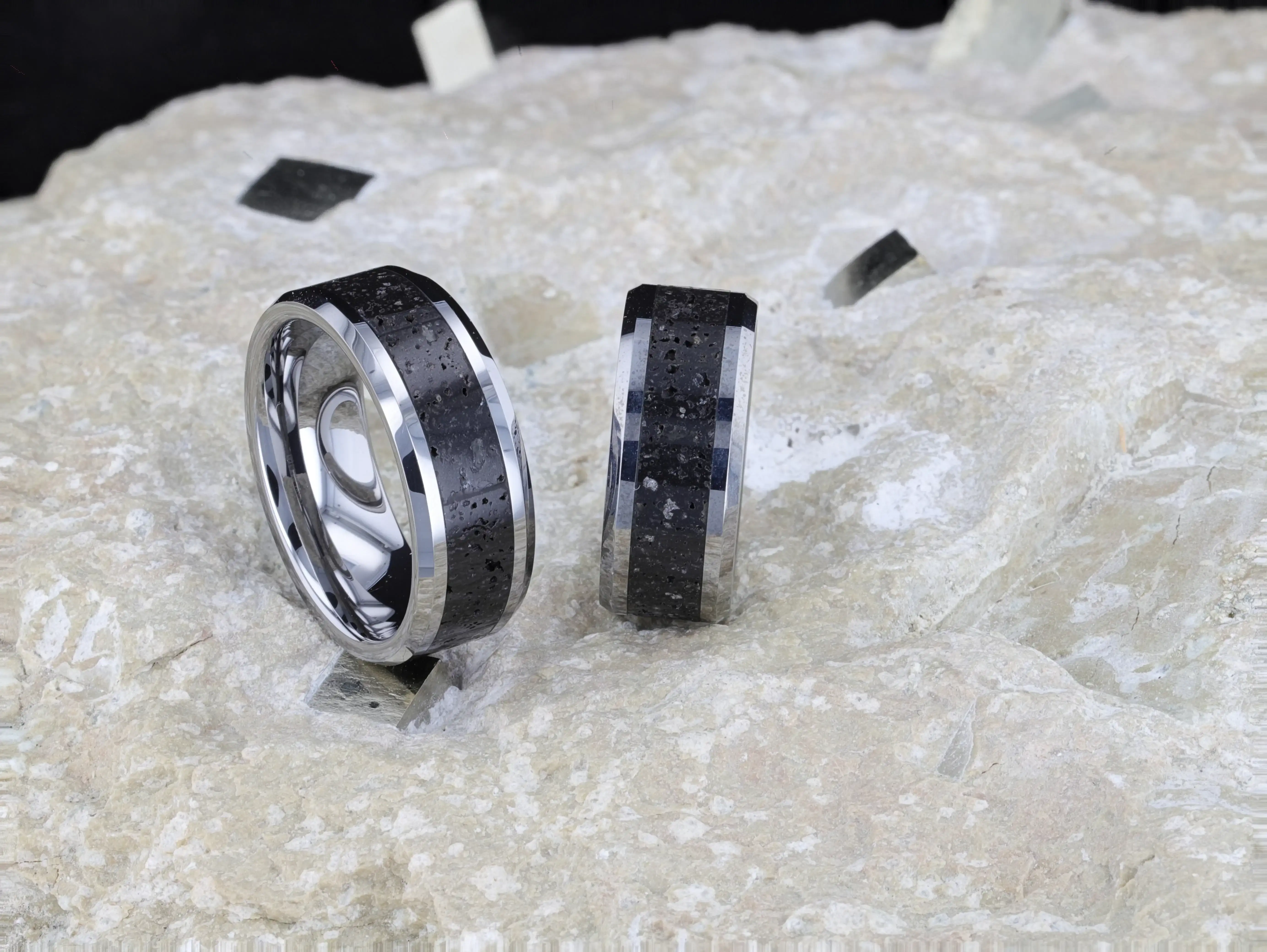 KILAUEA Men’s Polished Tungsten Wedding Band with Black & Gray Lava Rock Stone Inlay & Polished Beveled Edges - 8mm - Image 5