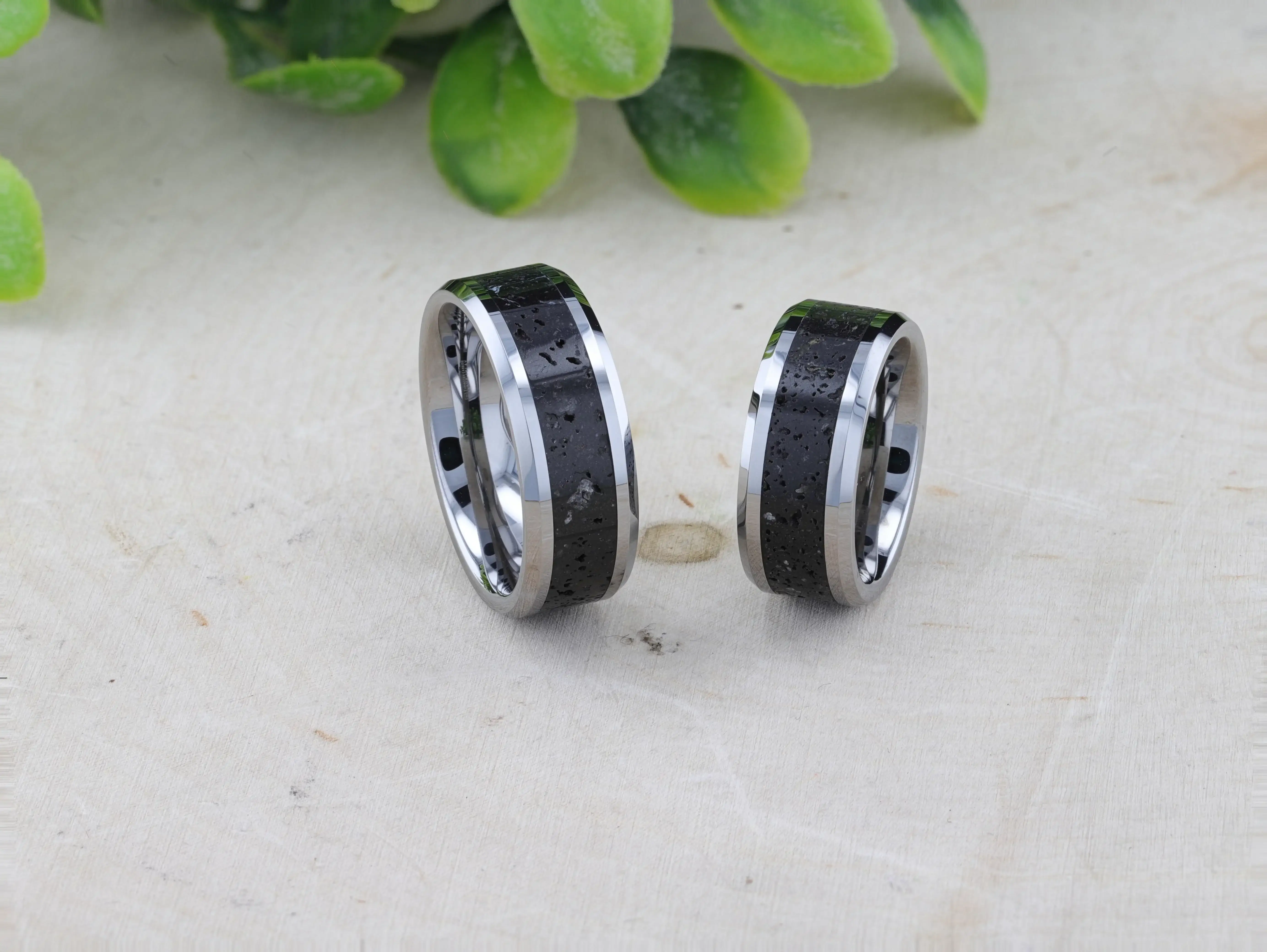 KILAUEA Men’s Polished Tungsten Wedding Band with Black & Gray Lava Rock Stone Inlay & Polished Beveled Edges - 8mm - Image 6