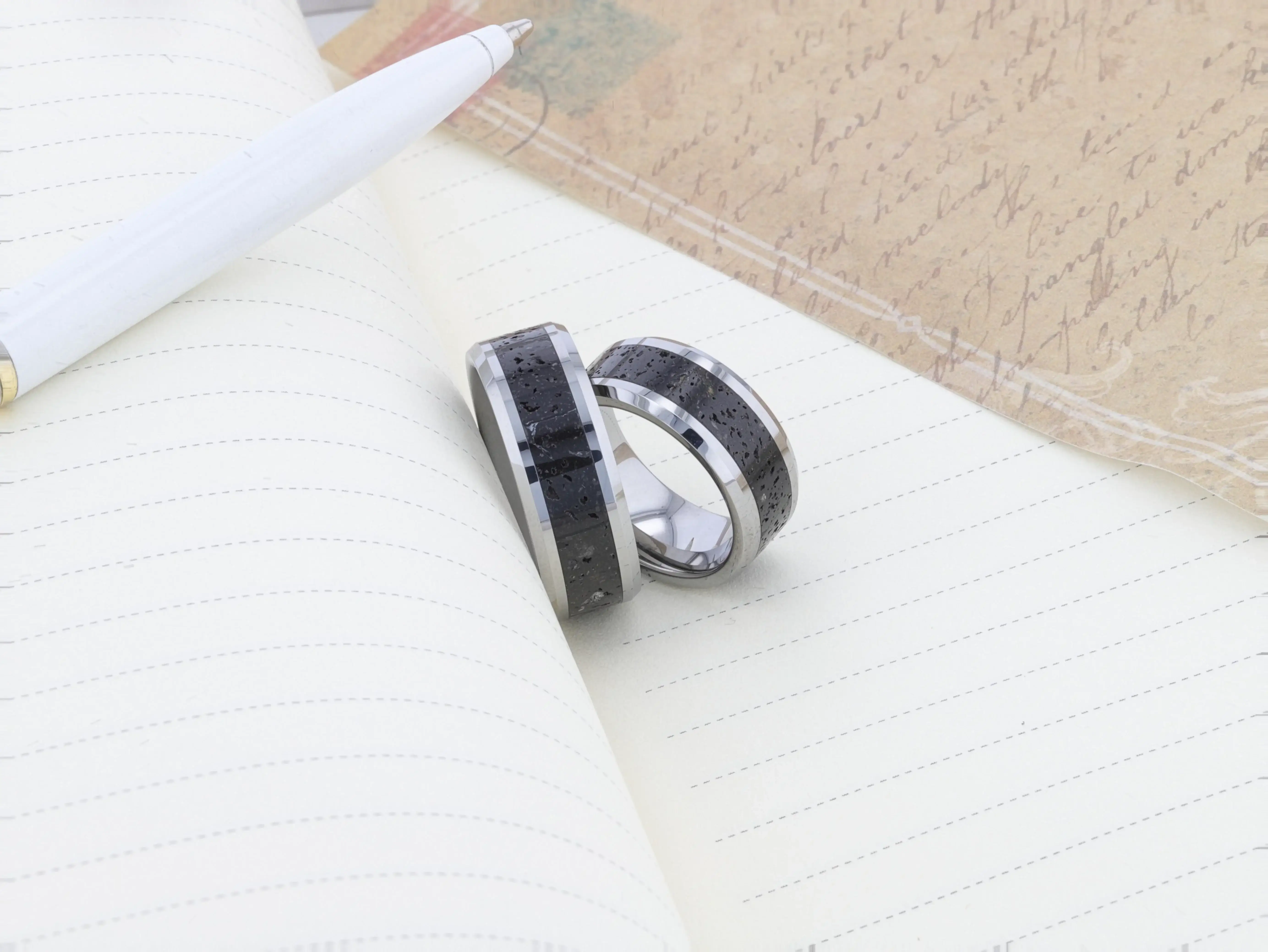 KILAUEA Men’s Polished Tungsten Wedding Band with Black & Gray Lava Rock Stone Inlay & Polished Beveled Edges - 8mm - Image 7