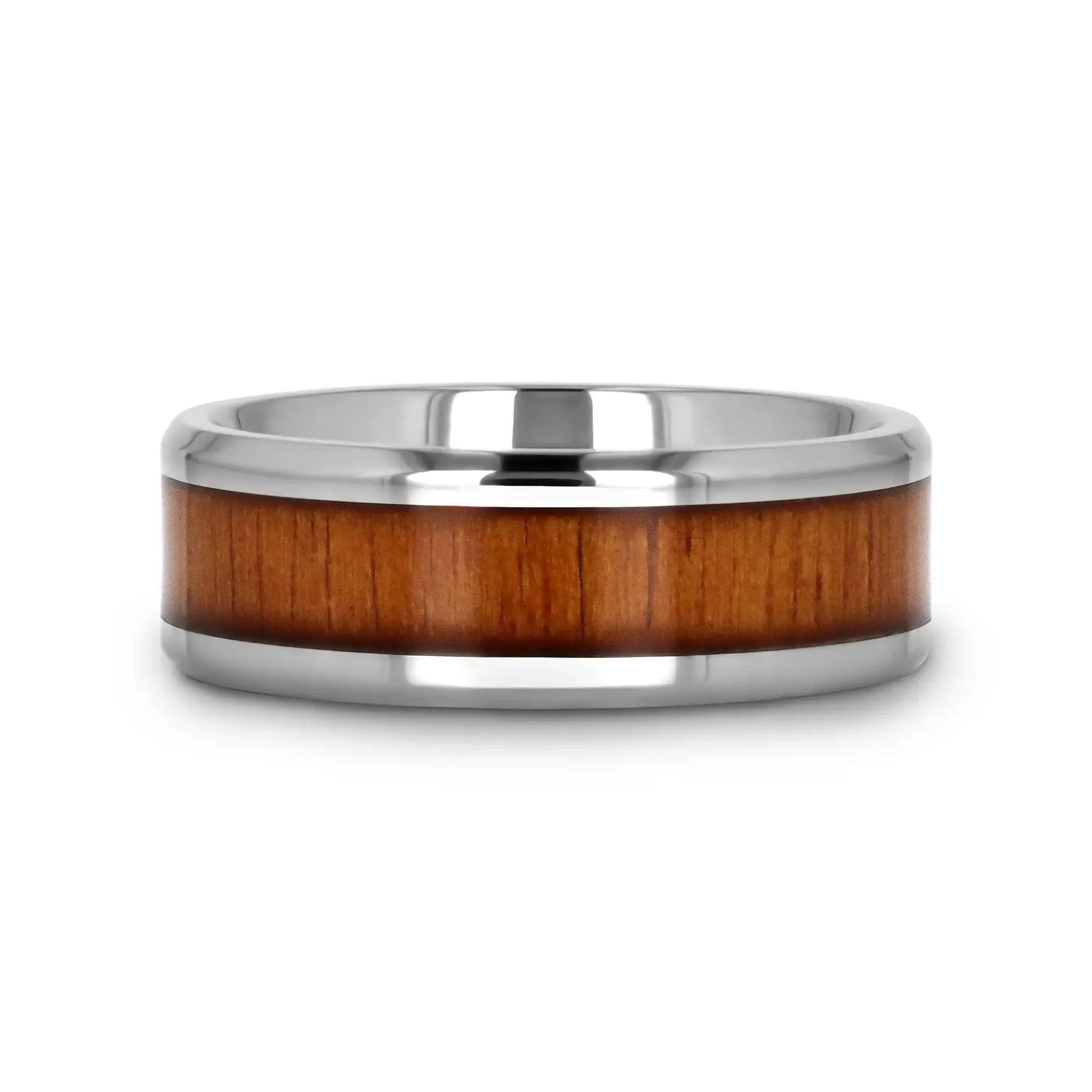 KOAN Titanium Polished Finish Koa Wood Inlaid Men’s Wedding Ring with Beveled Edges - 6mm & 8mm - Image 3