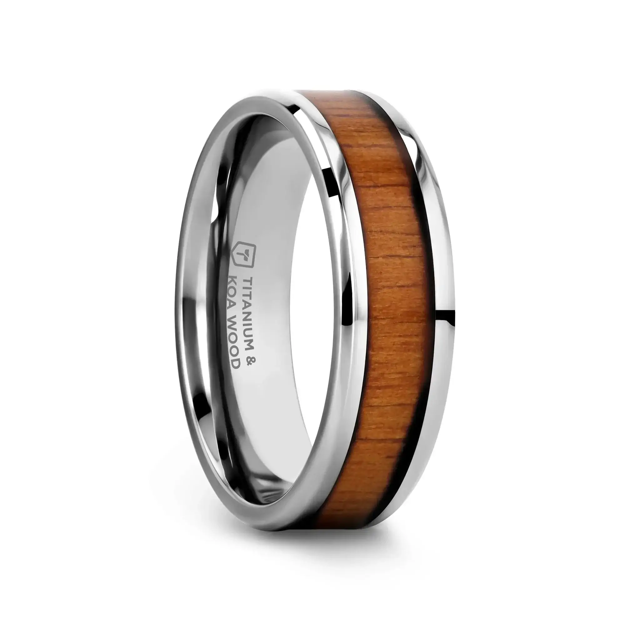 KOAN Titanium Polished Finish Koa Wood Inlaid Men’s Wedding Ring with Beveled Edges - 6mm & 8mm - Image 4
