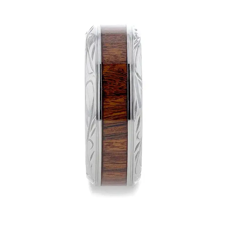 KRAFT Black Walnut Wood Inlay with Intricate Beveled Edges Titanium Polished Wedding Ring - 8mm - Image 2