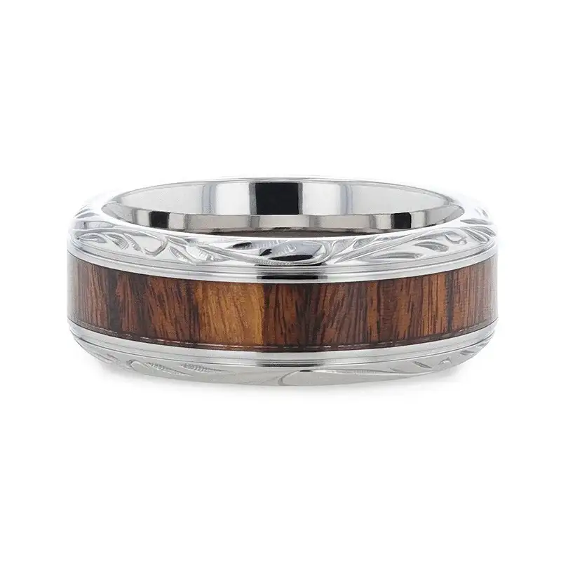 KRAFT Black Walnut Wood Inlay with Intricate Beveled Edges Titanium Polished Wedding Ring - 8mm - Image 3