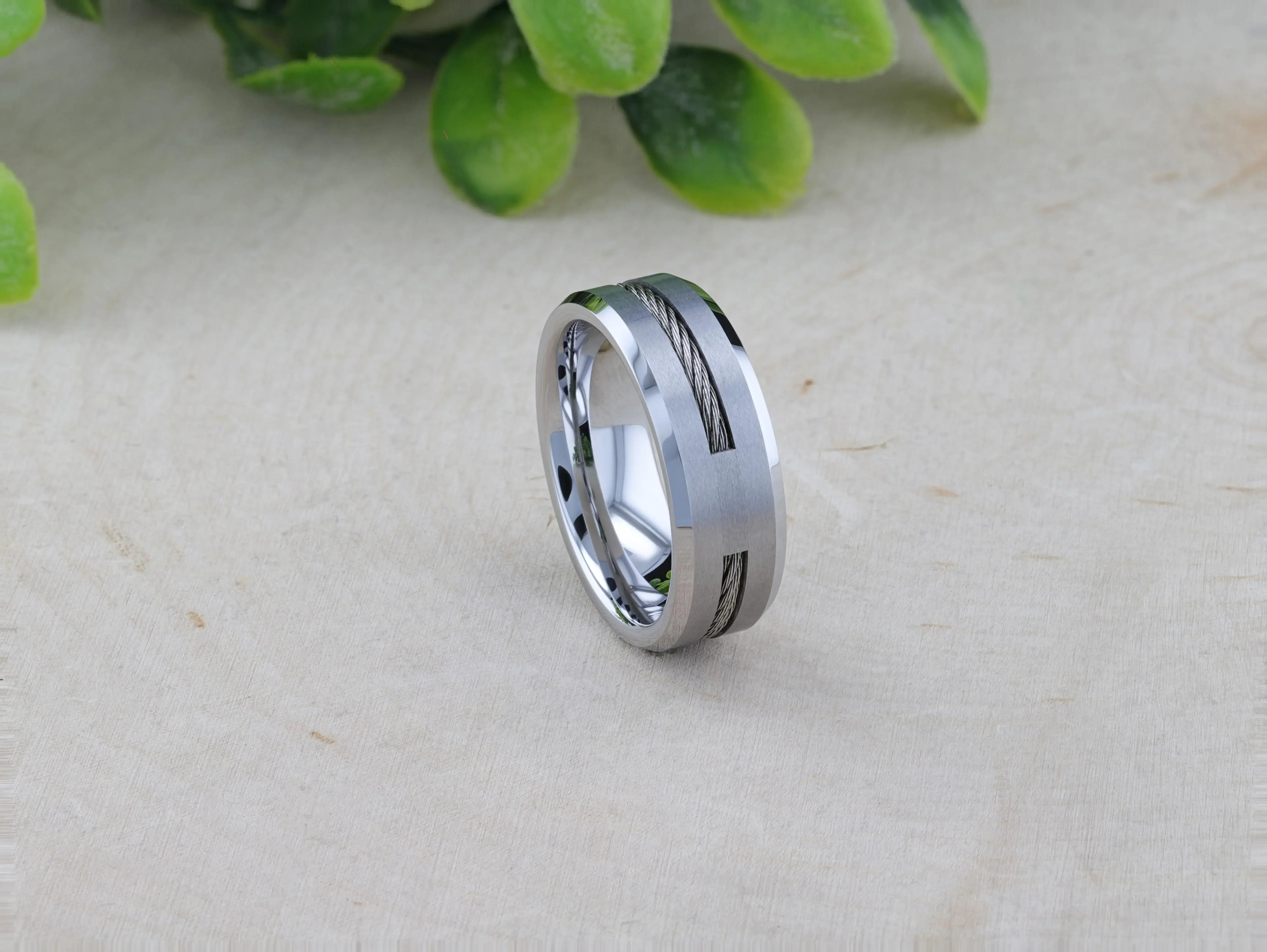 LANNISTER Men’s Tungsten Flat Wedding Band with Steel Wire Cable Inlay & Beveled Edges - 8mm - Image 10