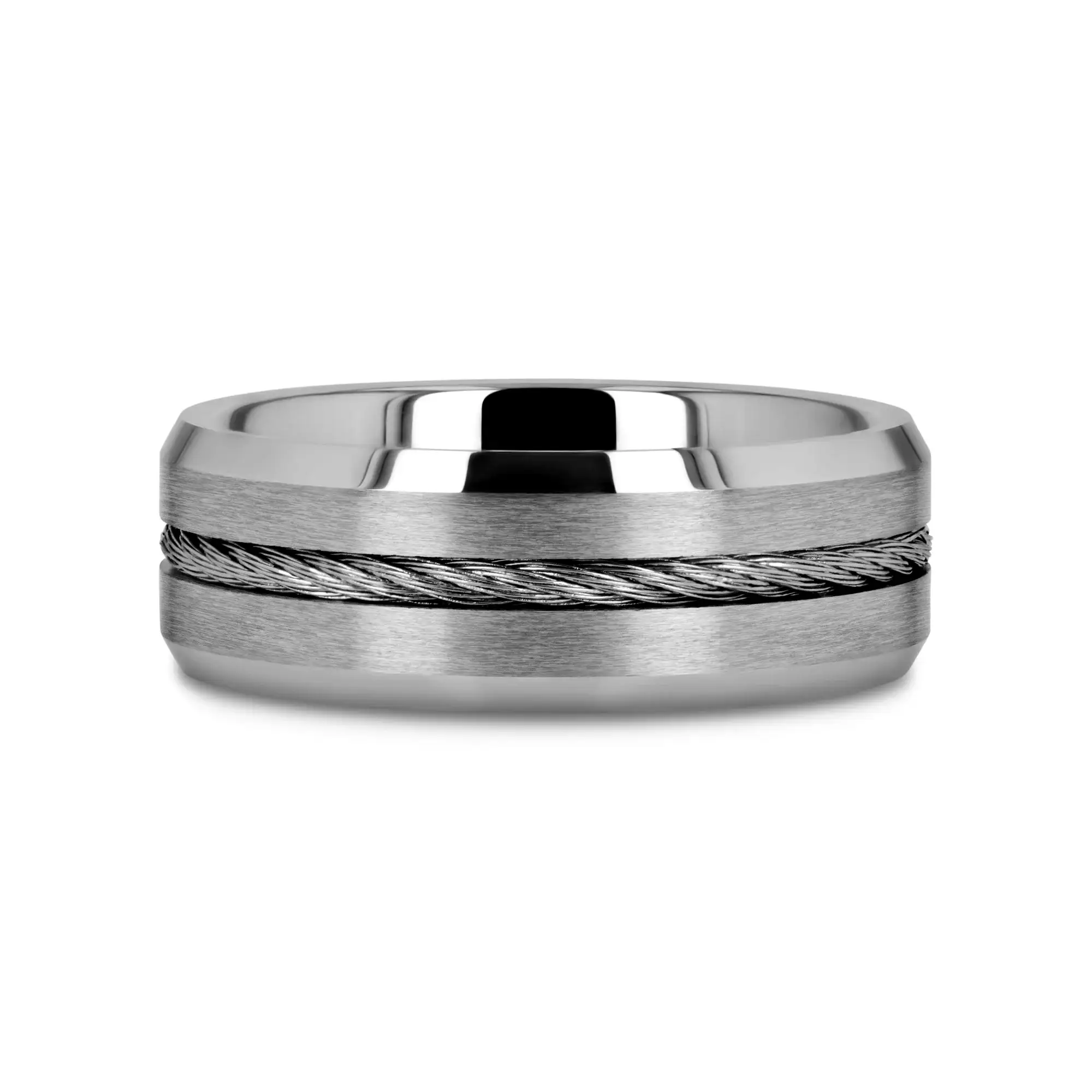 LANNISTER Men’s Tungsten Flat Wedding Band with Steel Wire Cable Inlay & Beveled Edges - 8mm - Image 4