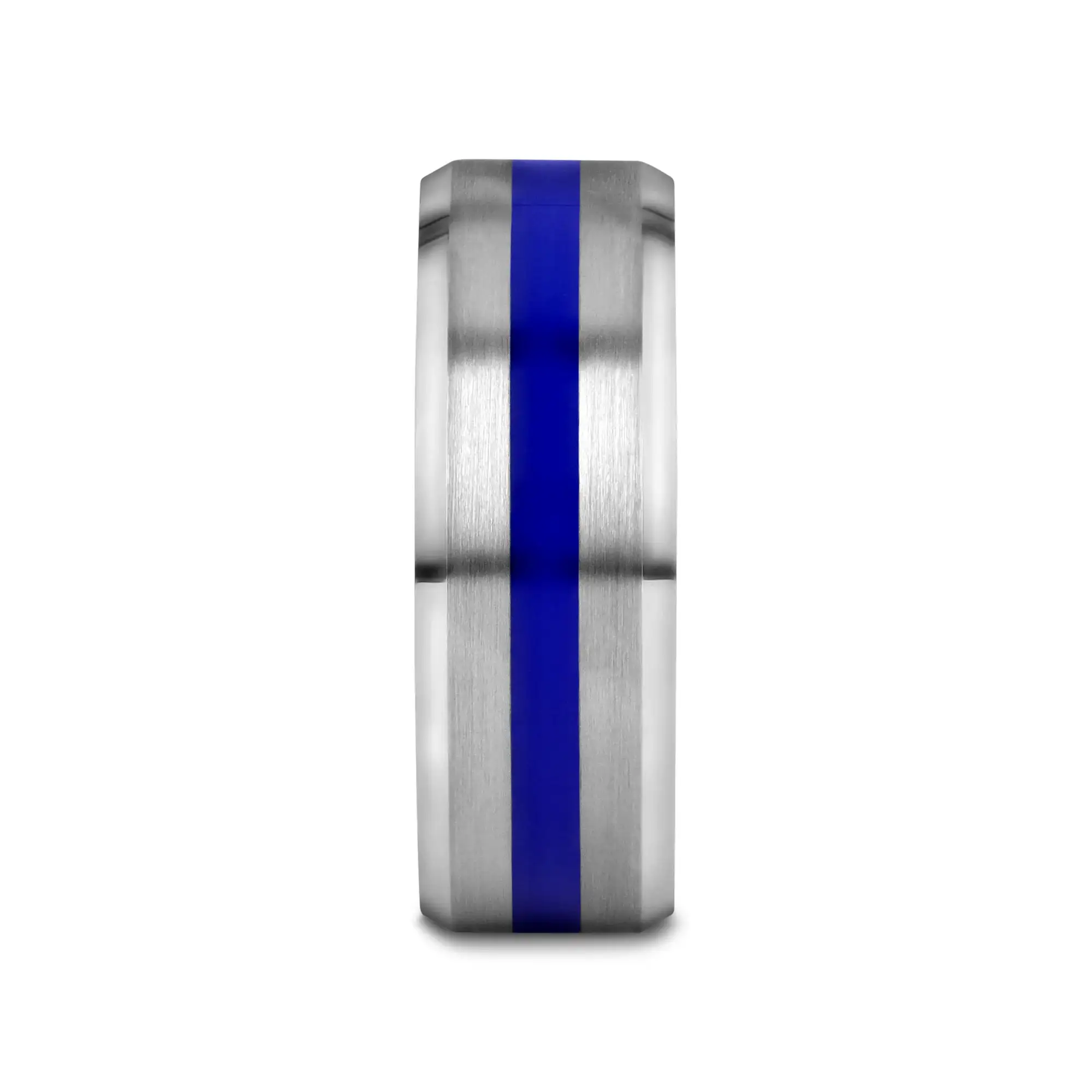 LAWSON Men’s Beveled Edges White Tungsten Brushed Finish Wedding Ring with Blue Stripe - 8mm - Image 2