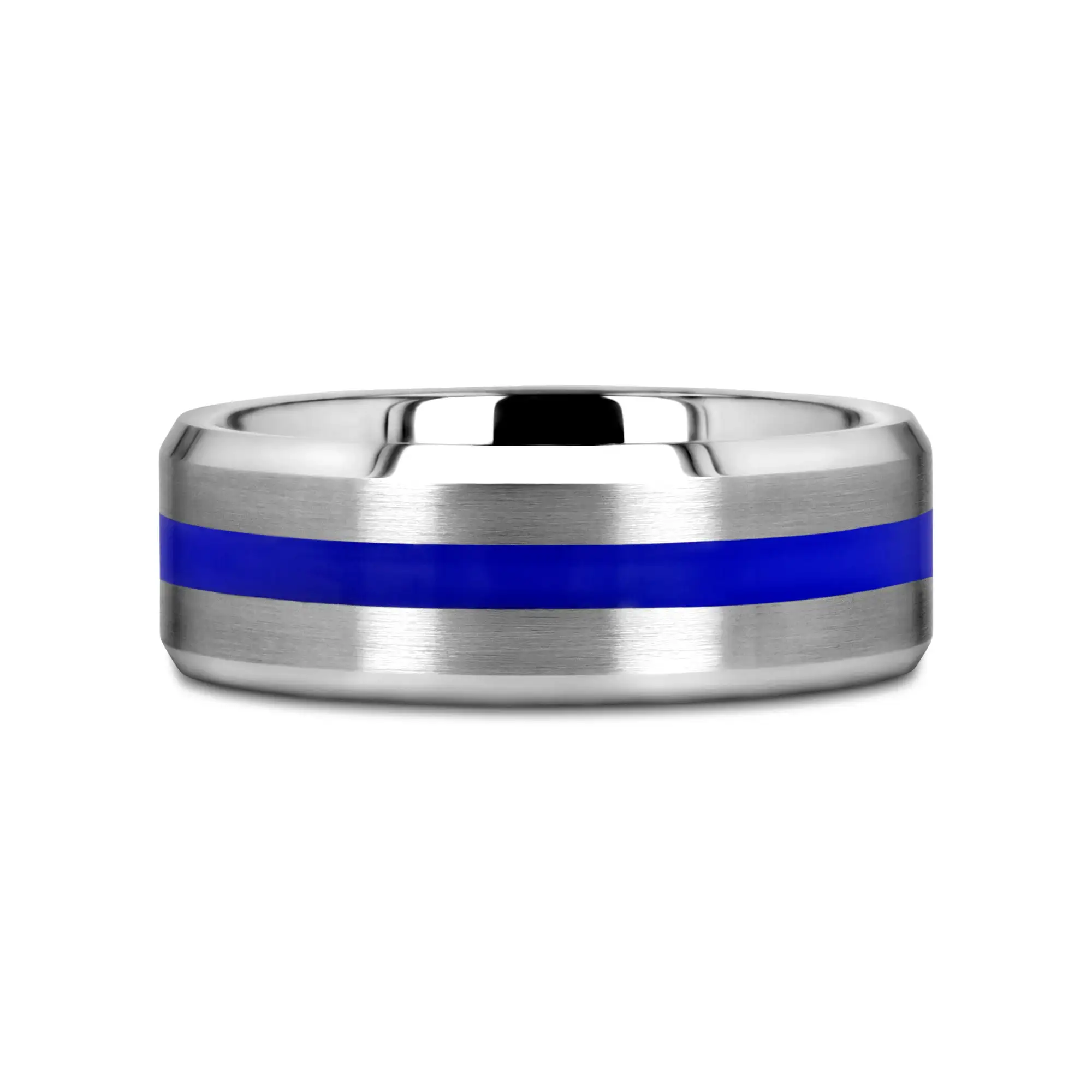 LAWSON Men’s Beveled Edges White Tungsten Brushed Finish Wedding Ring with Blue Stripe - 8mm - Image 3