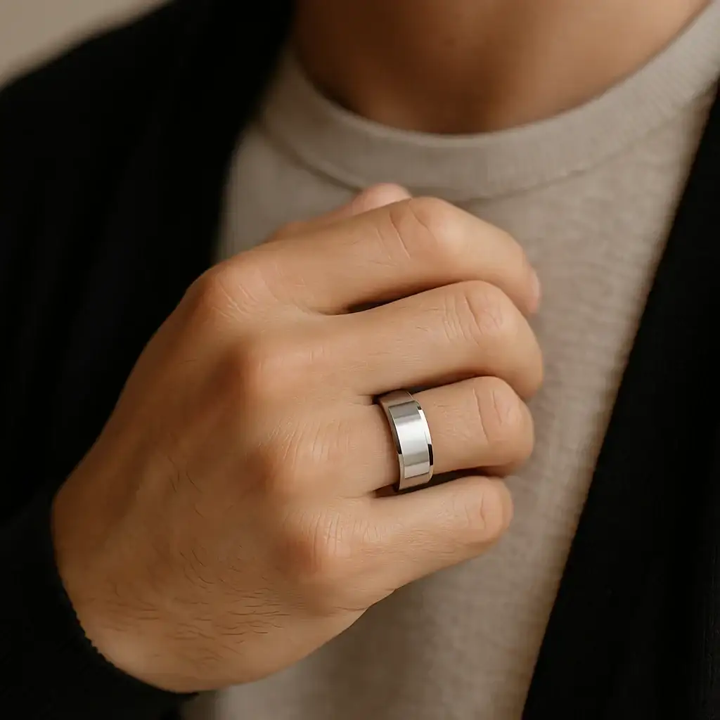LAWTON White Tungsten Wedding Band with Beveled Edges — 10mm - Image 4