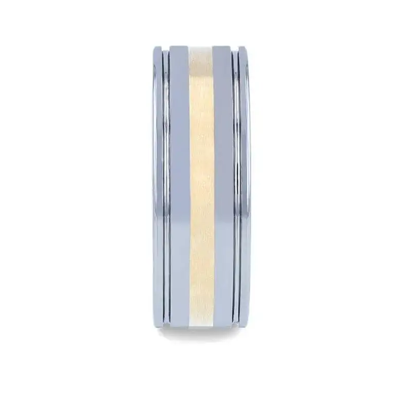LAZIO 14k Gold Inlay with Grooved Edges Tungsten Polished Wedding Band - 8mm - Image 3