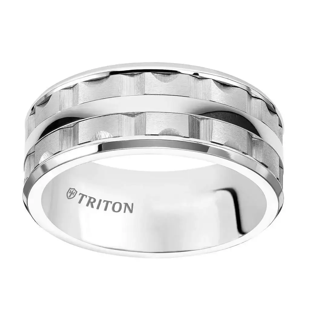 LOWELL Beveled Edge White Tungsten Carbide Wedding Band with Split Matrix Pattern and Polished Center Stripe by Triton Rings - 9mm - Image 2