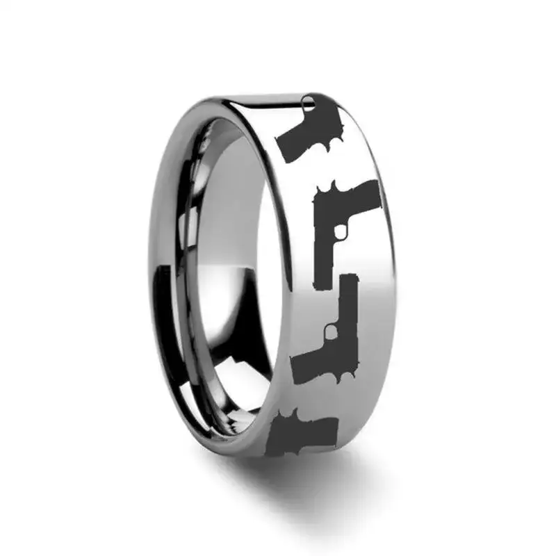 M1911 Firearm M1911 Design Engraved Flat Tungsten Ring - 4mm - 12mm