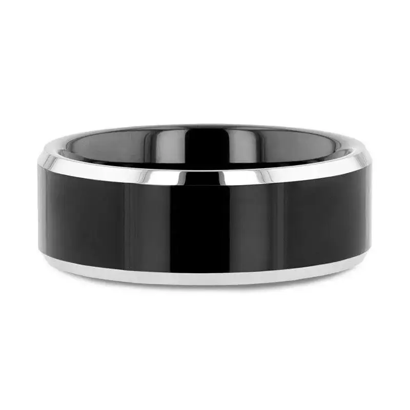 MACLAREN Black Polished Center Tungsten Wedding Band with Polished Gray Beveled Edges, 4mm–8mm - Image 3