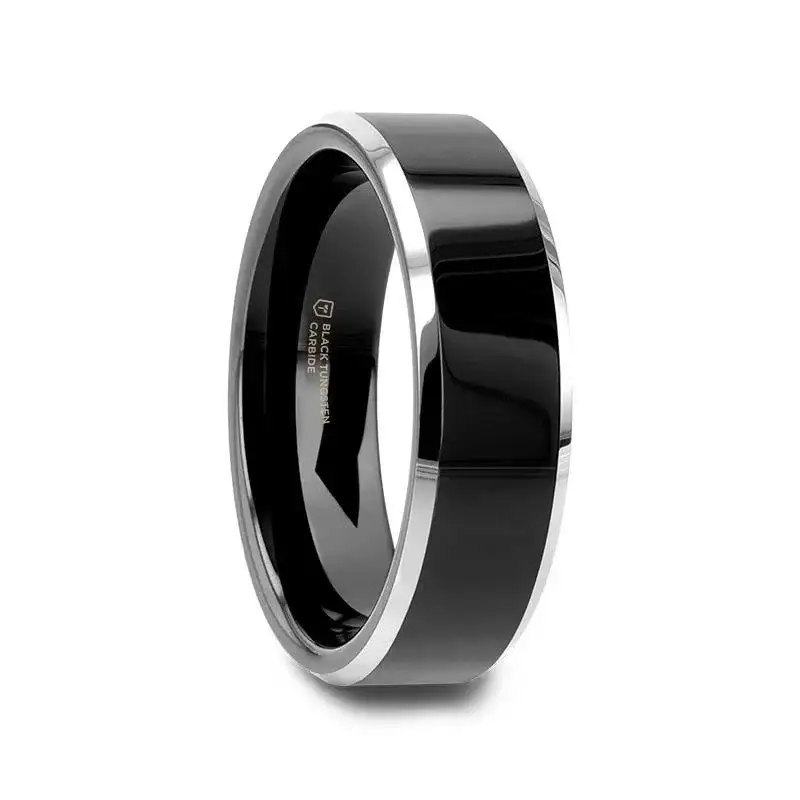 MACLAREN Black Polished Center Tungsten Wedding Band with Polished Gray Beveled Edges, 4mm–8mm - Image 6