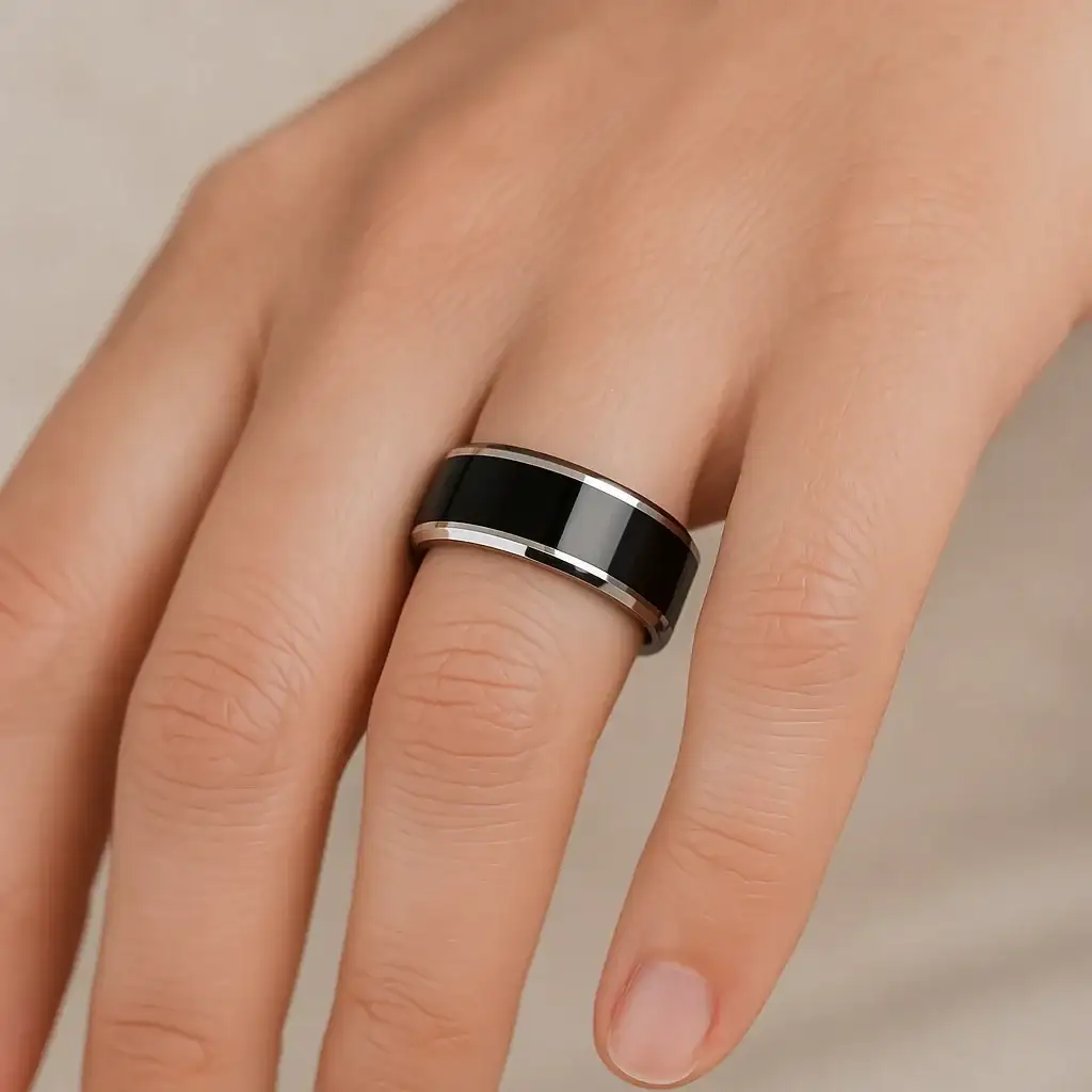 MACLAREN Black Polished Center Tungsten Wedding Band with Polished Gray Beveled Edges, 4mm–8mm - Image 8