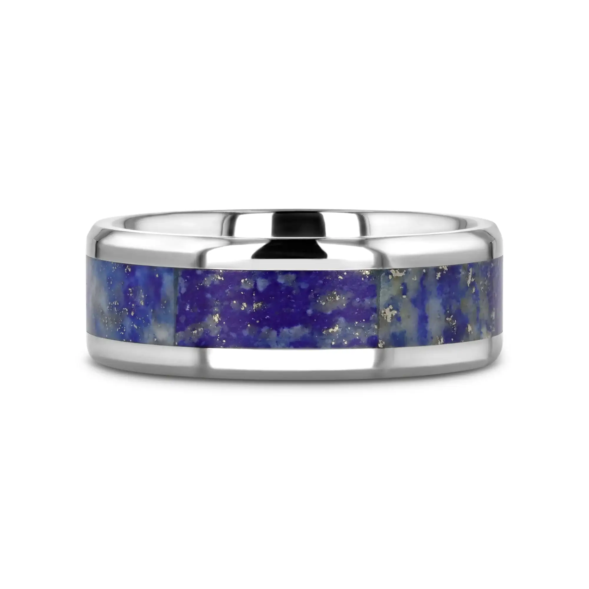 MALONE Men's Titanium Wedding Ring with Blue Lapis Inlay & Beveled Edges - 8mm - Image 3