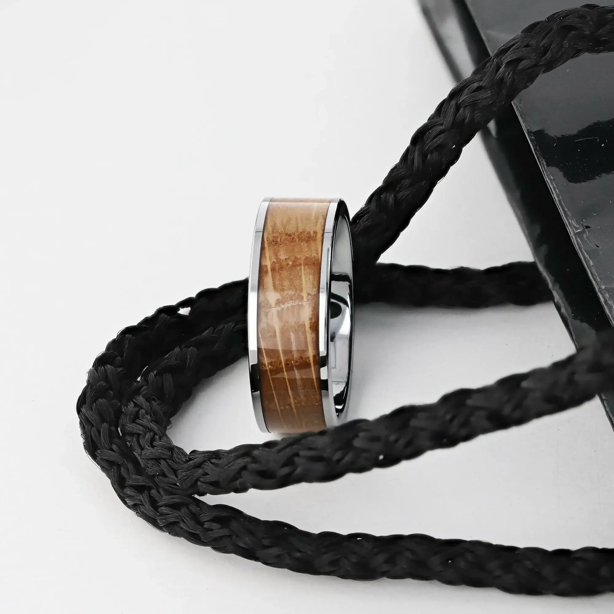 MALT Whiskey Barrel Inlaid Tungsten Men's Wedding Band With Flat Polished Edges Made From Genuine Whiskey Barrels - 8mm - Image 3