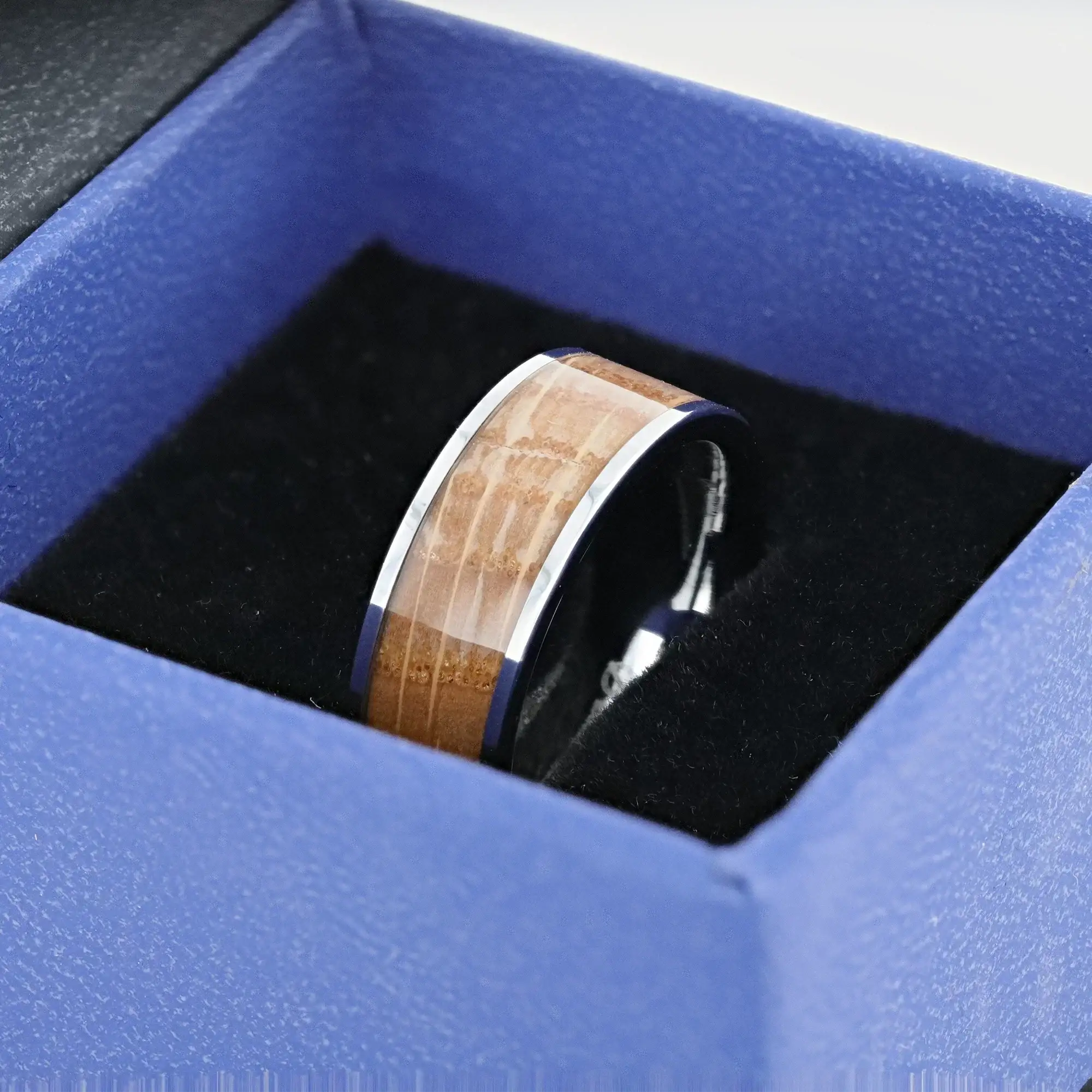 MALT Whiskey Barrel Inlaid Tungsten Men's Wedding Band With Flat Polished Edges Made From Genuine Whiskey Barrels - 8mm - Image 4