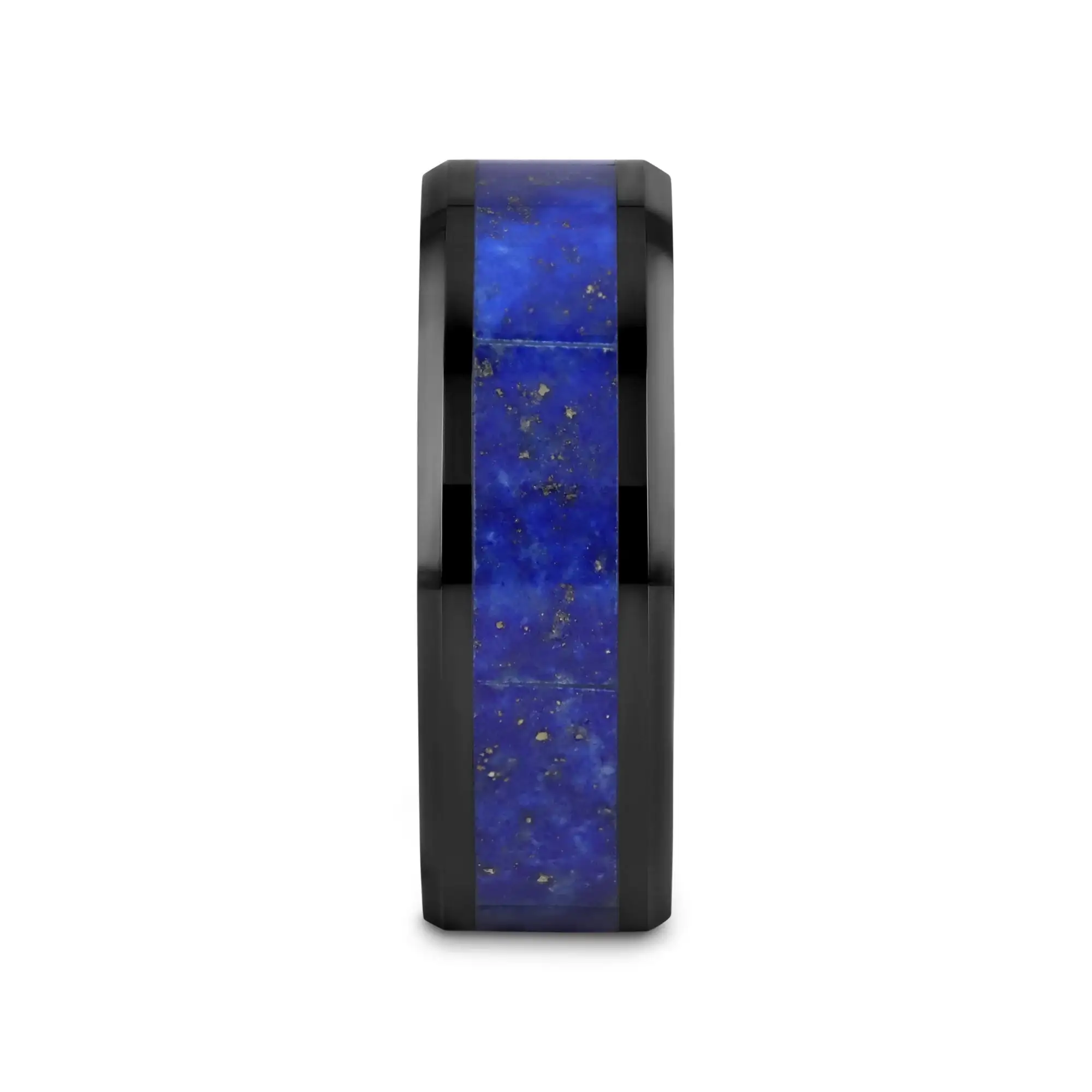MARLOW Men’s Polished Black Ceramic Wedding Band with Blue Lapis Inlay & Beveled Edges - 8mm - Image 2