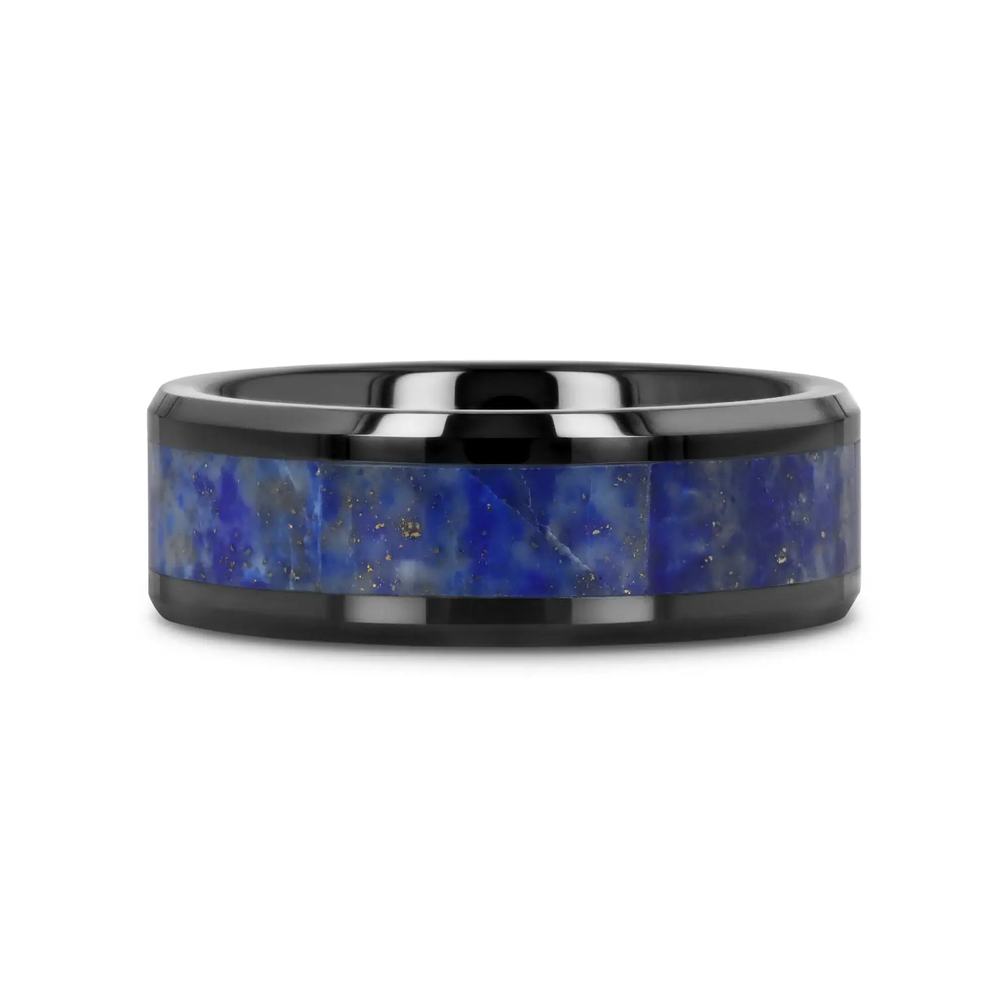 MARLOW Men’s Polished Black Ceramic Wedding Band with Blue Lapis Inlay & Beveled Edges - 8mm - Image 3