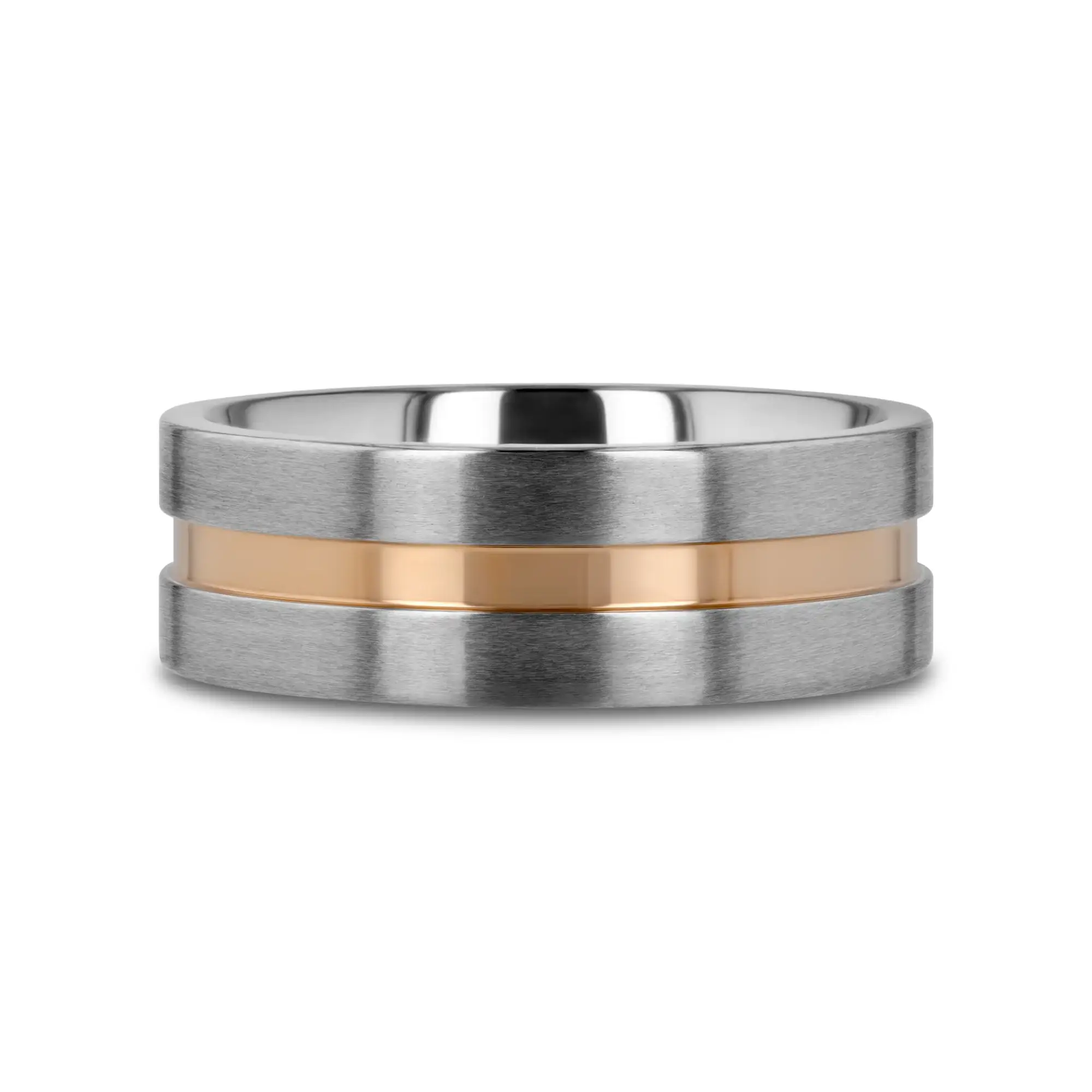 MARS Titanium Flat Brushed Finished Men's Wedding Ring With Rose Gold Plated Groove Center - 8mm - Image 3