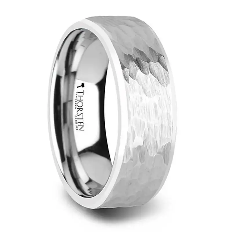 MARTEL White Tungsten Ring with Hammered Finish and Polished Bevels - 10mm - Image 3