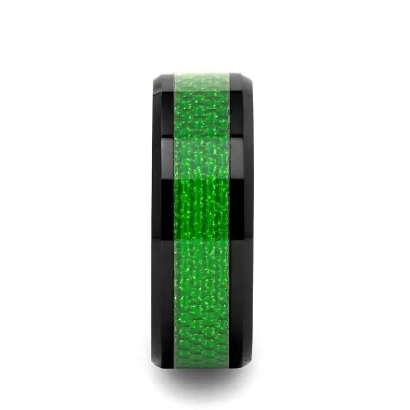 MATLAL Beveled Black Ceramic Ring with Emerald Green Carbon Fiber Inlay - 8mm - Image 2