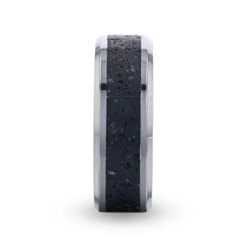 MAUNA Black And Gray Lava Inlaid Titanium Men's Wedding Band With Polished Beveled Edges - 8mm - Image 2