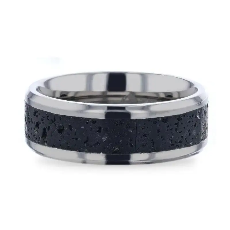 MAUNA Black And Gray Lava Inlaid Titanium Men's Wedding Band With Polished Beveled Edges - 8mm - Image 3