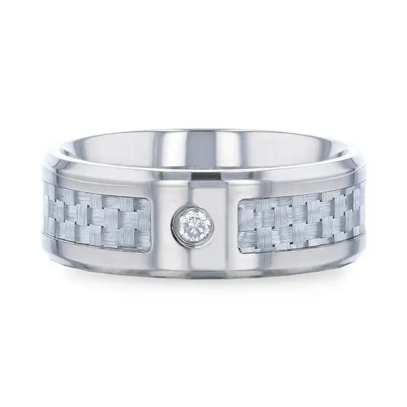 MAYBACH Light Gray Carbon Fiber Titanium Men's Wedding Band with White Diamond In The Squared Center Setting And Polished Beveled Edges - 8mm - Image 3