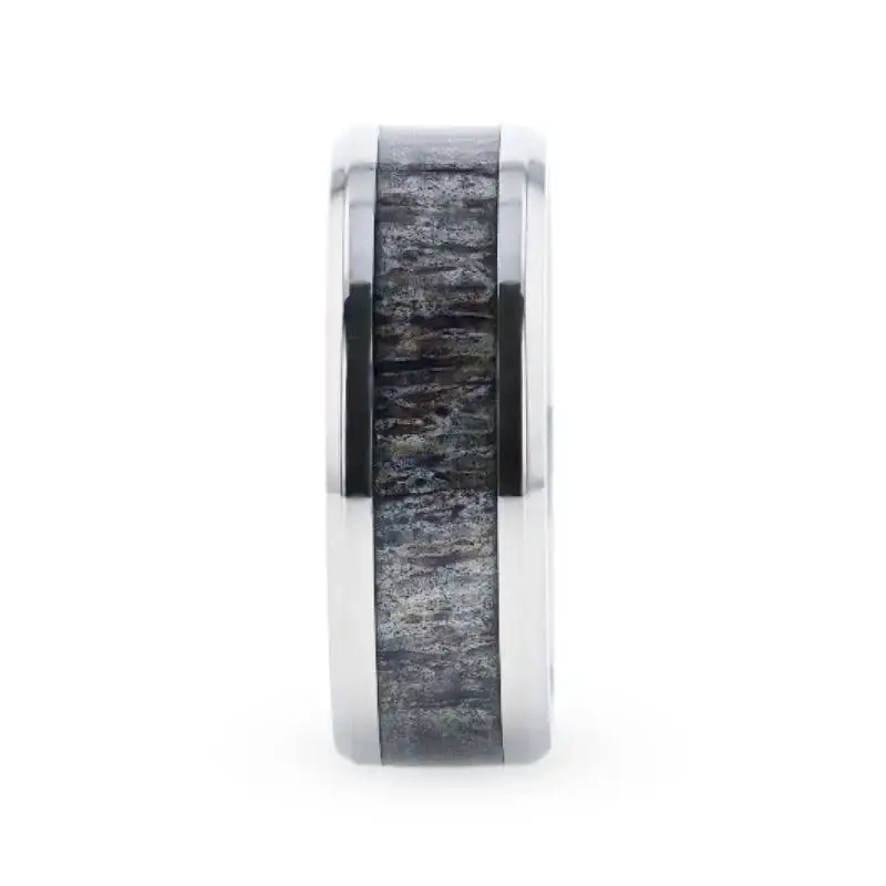 MELANISTIC Dark Deer Antler Inlaid Titanium Flat Polished Finish Men's Wedding Band With Beveled Edges - 8mm - Image 2