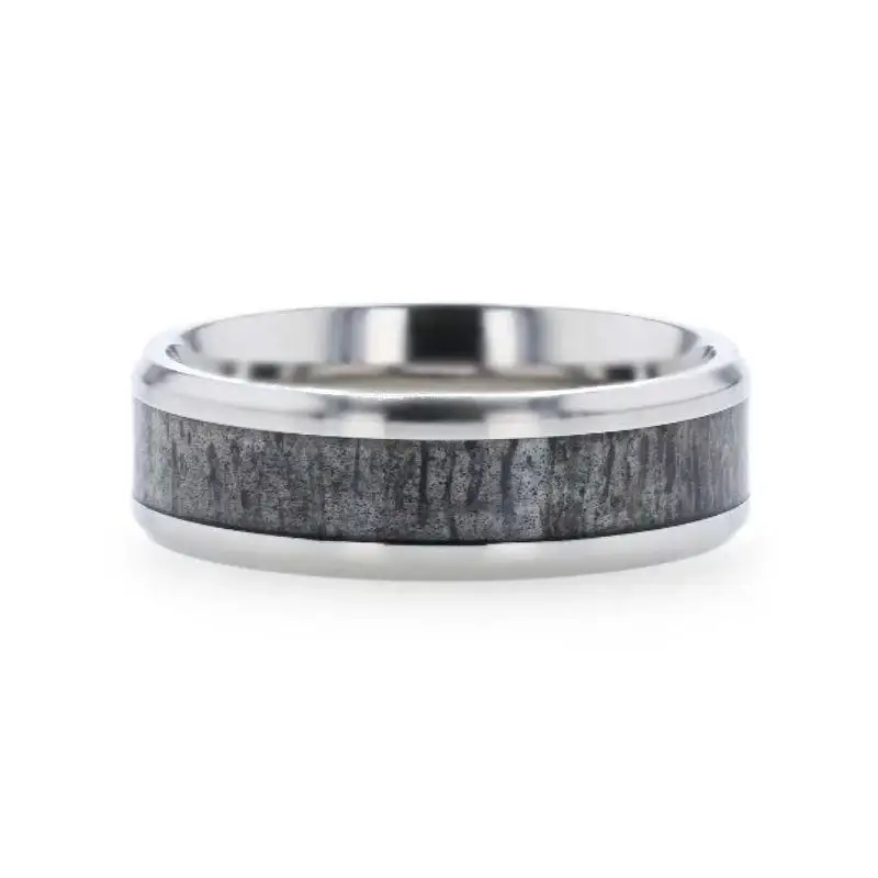 MELANISTIC Dark Deer Antler Inlaid Titanium Flat Polished Finish Men's Wedding Band With Beveled Edges - 8mm - Image 3
