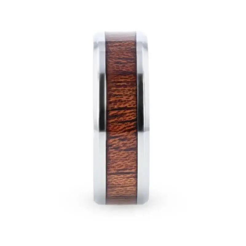 MELIA Mahogany Wood Inlaid Titanium Flat Polished Finish Men's Wedding Ring With Beveled Edges - 8mm - Image 2