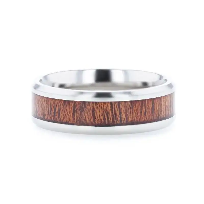 MELIA Mahogany Wood Inlaid Titanium Flat Polished Finish Men's Wedding Ring With Beveled Edges - 8mm - Image 3
