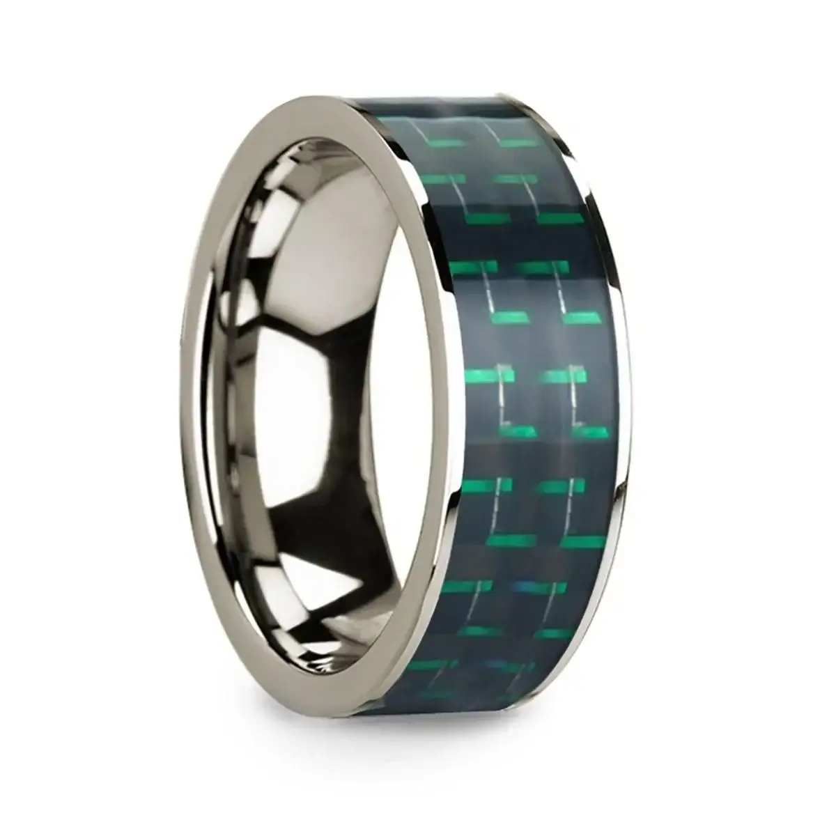 Men’s Polished 14k White Gold Flat Ring with Black & Green Carbon Fiber Inlay - 8mm