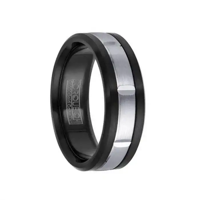 Men’s 14k White Gold Inlaid Brushed Black Cobalt Wedding Band with Cut Accents - 7.5mm