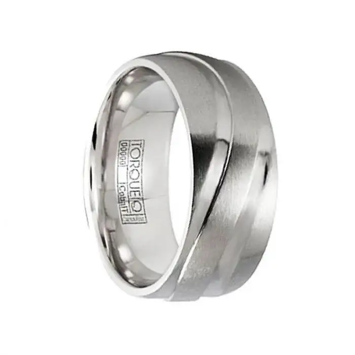 Men’s Cobalt Wedding Ring Brushed Finish Polished Grooved Textured Design by Crown Ring - 9mm