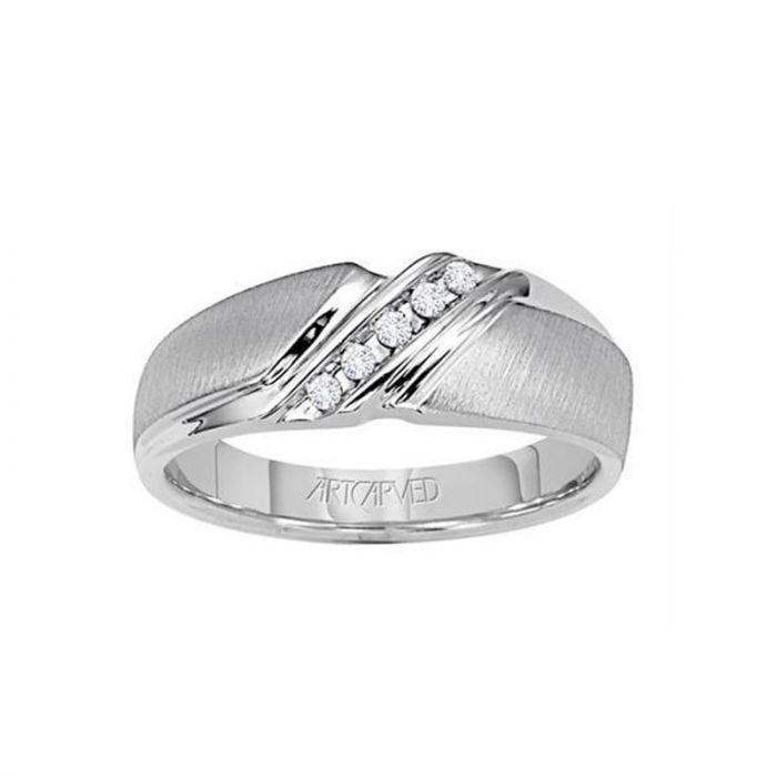 MERRITT 14k White Gold Wedding Band Domed Vertical Brushed Finish with Tension Set Diamonds- 7 mm