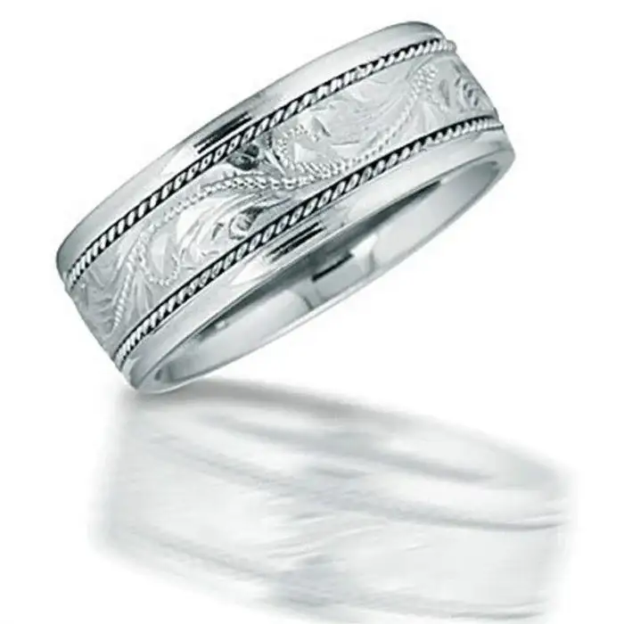MOLOKAI Novell Hand Engraved Hawaiian Patterned Center Silver Wedding Band - 8mm