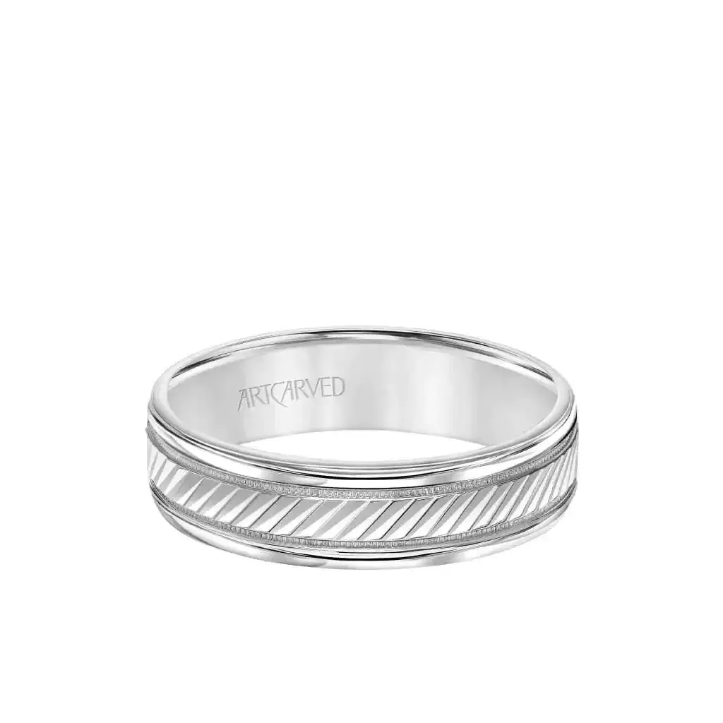 MONTEREY 14k White Gold Wedding Band Diagonal Engraved Center Design with Milgrain Rolled Edges by Artcarved - 6 mm - Image 2