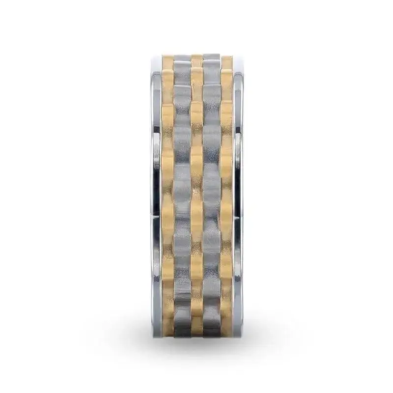 MONTROSE Wavy Gold And Gunmetal Texture Pattern Inlaid Titanium Men's Wedding Band With Flat Polished Profile - 8mm - Image 2