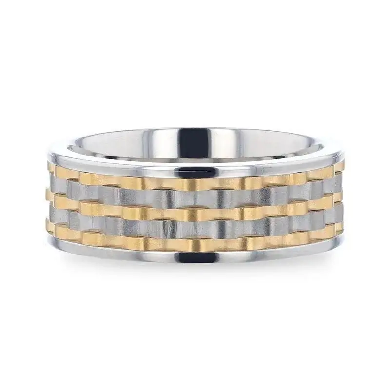 MONTROSE Wavy Gold And Gunmetal Texture Pattern Inlaid Titanium Men's Wedding Band With Flat Polished Profile - 8mm - Image 3