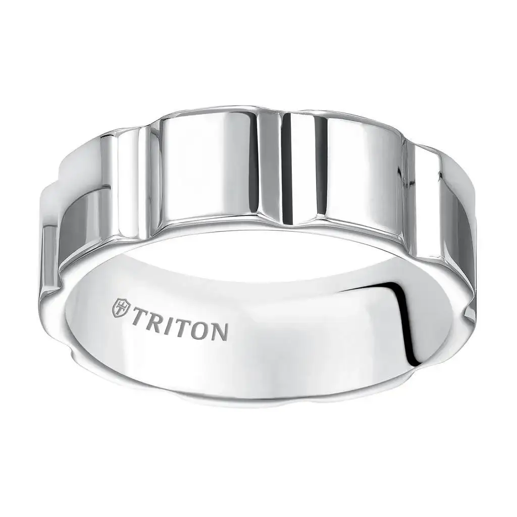 MORGAN Flat Bright Polished White Tungsten Carbide Comfort Fit Wedding Band with Vertical V cuts by Triton Rings - 7 mm - Image 2