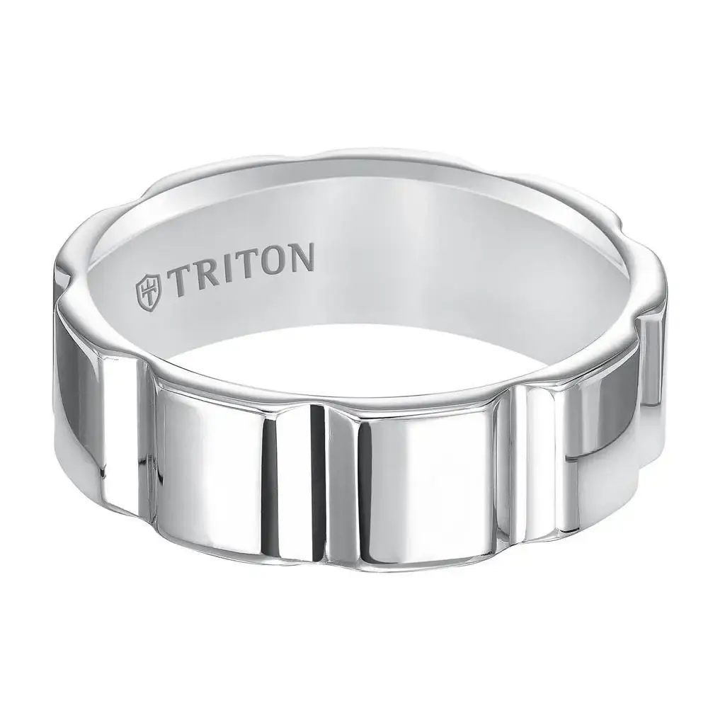 MORGAN Flat Bright Polished White Tungsten Carbide Comfort Fit Wedding Band with Vertical V cuts by Triton Rings - 7 mm - Image 3
