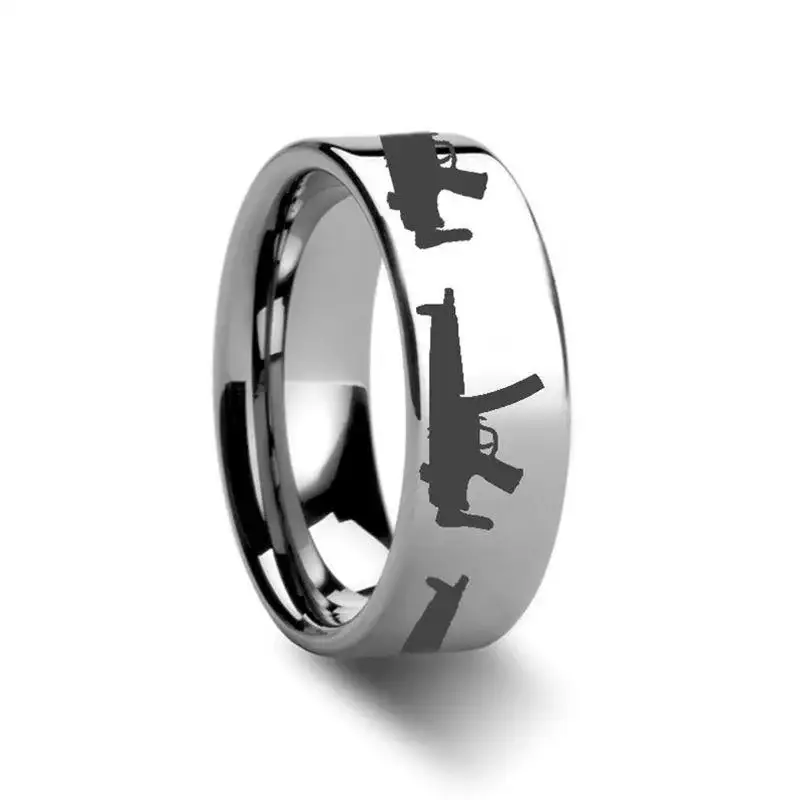 MP5 Firearm Design Engraved Flat Tungsten Ring - 4mm - 12mm