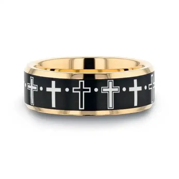 MULTIPLE CROSS Engraved Gold Plated Tungsten Polished Beveled Ring with Brushed Black Center - Image 2